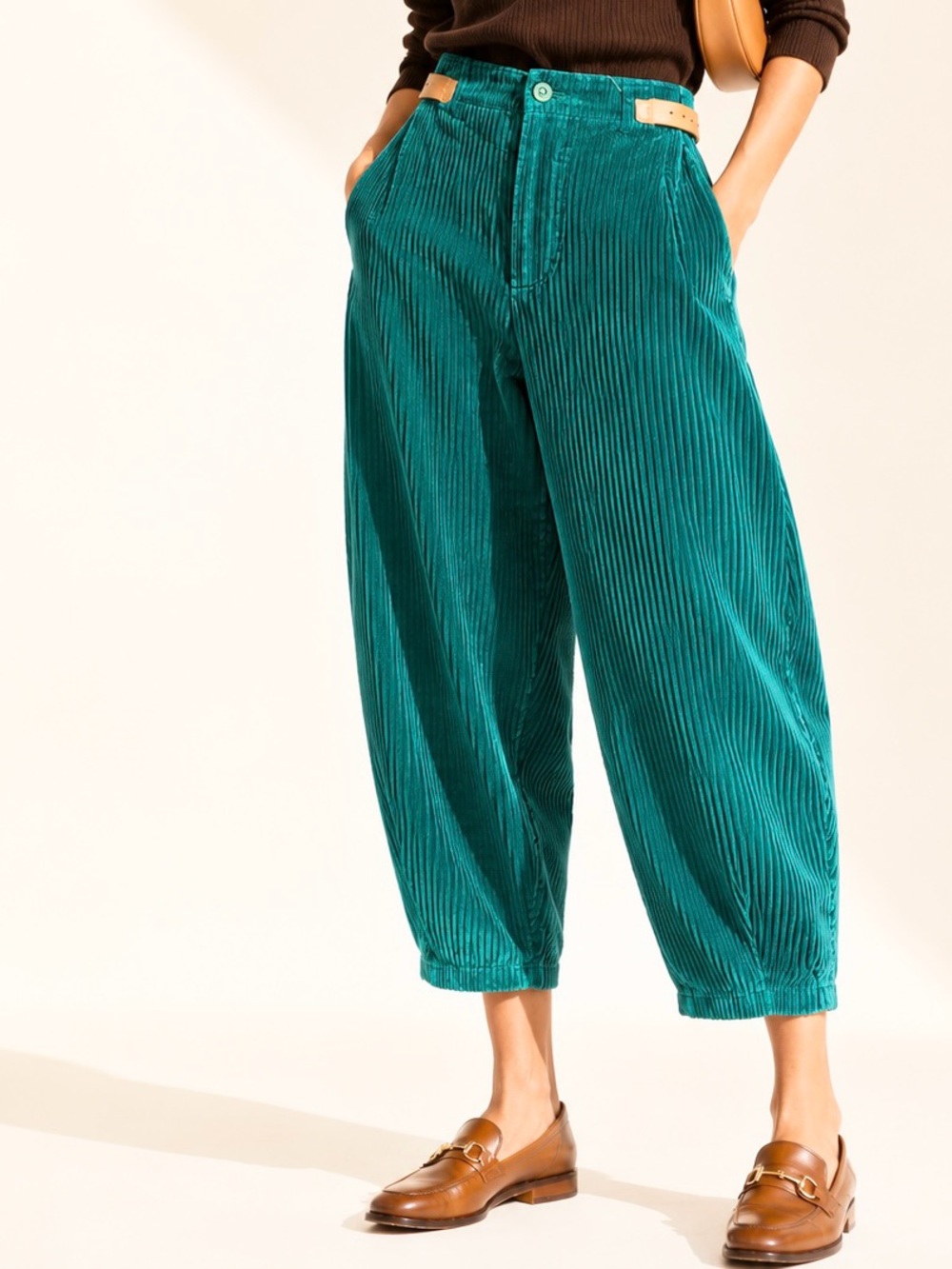 Vintage 70s Emerald Teal Corduroy Barrel Pants Leather Side Tabs Archive Size 10 - Picture 2 of 16